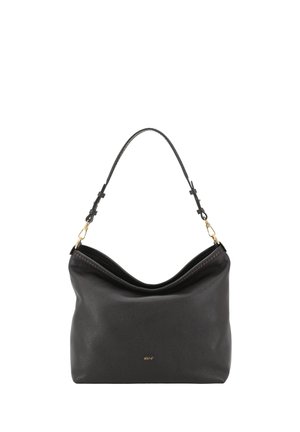Borsa a tracolla in pelle nera con una tracolla regolabile e piccolo logo dorato "abro" al centro davanti.