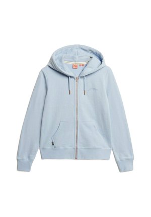 Lichtblauwe zip-up hoodie van zacht materiaal, met een frontzak, koordjes en geborduurde details op de borst.
