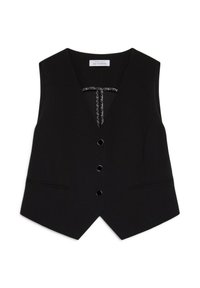 Gilet nero senza maniche con scollatura a V, dotato di quattro bottoni frontali e due tasche laterali. Tessuto testurizzato con dettagli sottili.