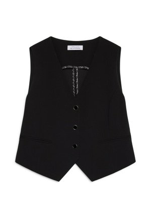 Gilet sans manches noir avec un décolleté en V, comportant quatre boutons sur le devant et deux poches latérales. Tissu texturé avec des détails subtils.