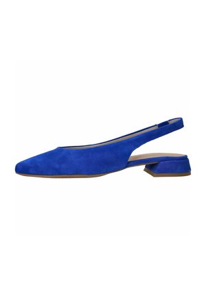 Blåt ruskind slingback-sko med firkantet tå og lav blokhæl mod hvid baggrund.