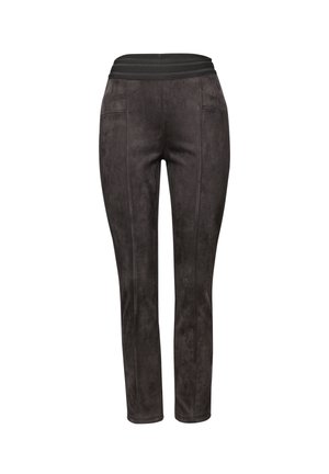 Pantalones elásticos de color gris oscuro con una textura suave similar al ante. Cuentan con una cinturilla ancha negra y detalles de costura sutiles. Diseño ajustado al cuerpo.