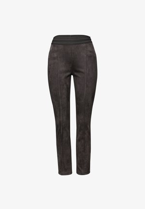 Dark gray, stretchy pants with a smooth, suede-like texture. Features a wide black waistband and subtle stitching details. Form-fitting design.