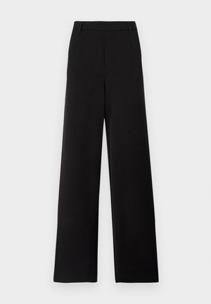 Black wide-leg trousers made of smooth fabric, featuring a high waist, front pleats, and minimalistic design with no visible embellishments.
