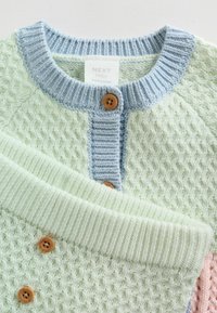 Šviesiai žalia megzta kardiganė su mėlynu ribbingu apykakle ir mygtukų akcentais. Baflio tekstūra, pagaminta su mediniais mygtukais ir kontrastingomis spalvomis.