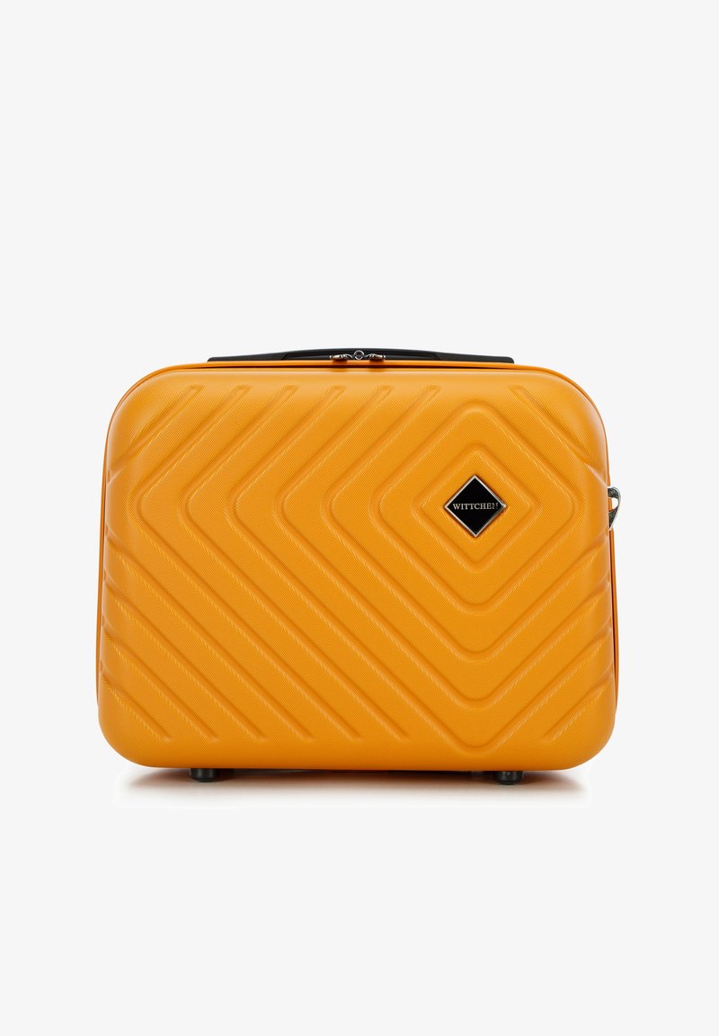 Hard-shell orange suitcase with a textured zigzag pattern, featuring a black zipper and an embossed logo on a diamond-shaped accent.