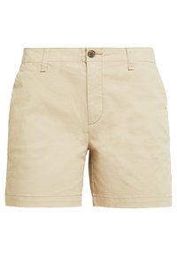 Beige bomuldsshorts med flad front, bæltestropper og knaplukning. Har et lige snit og opviklet kant ved benene.