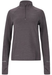 Gray, long-sleeve athletic pullover with a half-zip collar. Features quick-dry fabric, reflective detailing on sleeves, and flatlock seams.