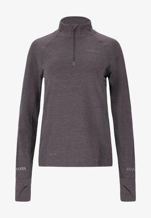 Grauer, langärmeliger Sportpullover mit einem Halbreißverschluss-Kragen. Verfügt über schnell trocknenden Stoff, reflektierende Details an den Ärmeln und Flachnähte.