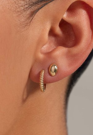 Gold hoop earring with a twisted design and a smooth, oval stud earring, both displayed on an ear against a skin-toned background.