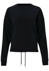 Zwarte sweatshirt van zachte stof, met een ronde halslijn, lange mouwen en een trekkoord in de taille met zilveren hardware accenten.