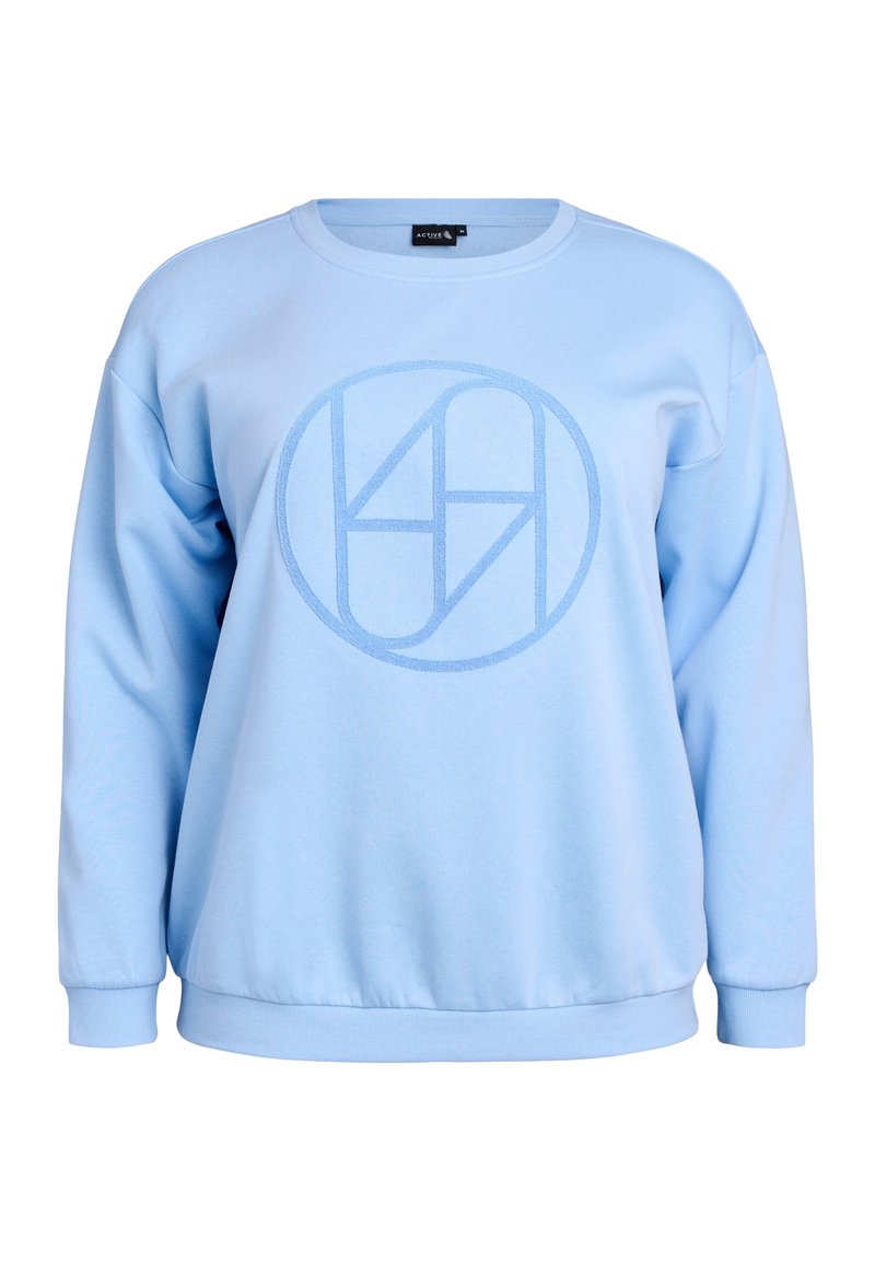 Ljusblå sweatshirt med långärmar, rund halsringning och ribbad ärm. Har en texturerad cirkulär logga i en något mörkare blå nyans.
