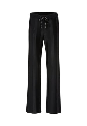 Schwarze, weit geschnittene Hose mit vertikalen Streifen, ausgestattet mit einem elastischen Bund und verstellbarem Kordelzug. Glatte Textur und lässiges Design.