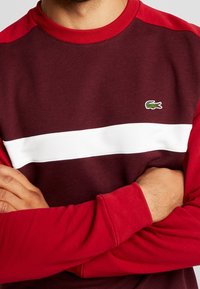 Uomo che indossa una camicia a maniche lunghe rossa e maroon con una striscia orizzontale bianca e un piccolo logo di coccodrillo verde sul petto, con le braccia incrociate.