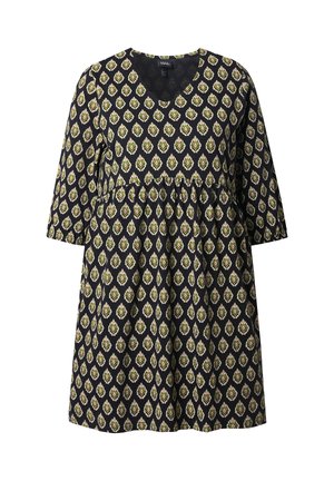 Schwarzes Kleid mit Dreiviertelärmeln, V-Ausschnitt, mit floralen Mustern in Grün, Pink und Gelb, geraffter Taille und lockerer Passform.