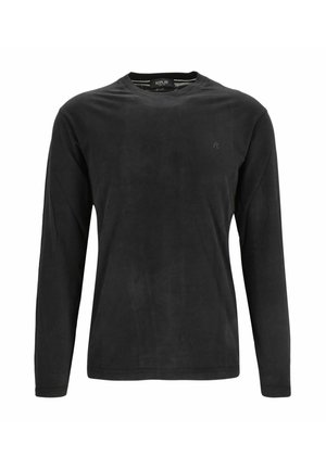 Schwarzes Langarmshirt mit Rundhalsausschnitt, kleinem gesticktem Logo auf der linken Brust und einem Markenlabel im Kragen.