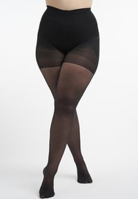 Zwarte opaque maillots met een hoge taille, voorzien van een textuurband aan de bovenkant en een transparante afwerking op de benen. Gladde stof, zonder zichtbare patronen.