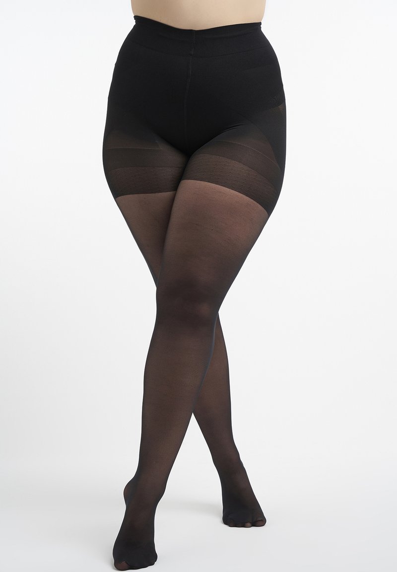 Zwarte opaque maillots met een hoge taille, voorzien van een textuurband aan de bovenkant en een transparante afwerking op de benen. Gladde stof, zonder zichtbare patronen.