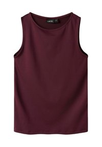 Maroons sleeveless top made of smooth fabric, featuring a round neckline and simple, clean edges without any visible patterns or accents.