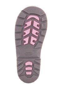 Szary kauczukowy bieżnik z różowymi akcentami, z teksturowanym wzorem bieżnika zapewniającym przyczepność. Wytłoczone napisy "DRY KID" oraz "MADE IN E.U.".