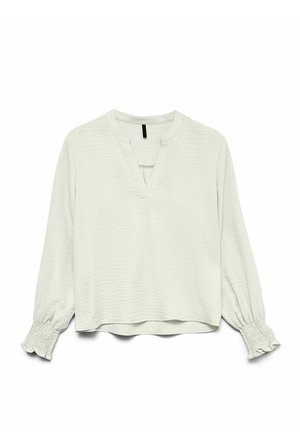 Blouse à manches longues gris clair avec un décolleté en V, tissu texturé et manches froncées pour plus de détail. Fini lisse sur l'ensemble.