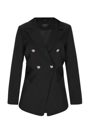 Sacou negru cu două rânduri de nasturi, având un design croit, reveruri ascuțite și nasturi metalici decorativi. Textură netedă cu buzunare laterale.