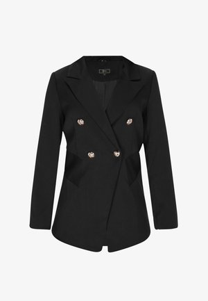 Sacou negru cu două rânduri de nasturi, având un design croit, reveruri ascuțite și nasturi metalici decorativi. Textură netedă cu buzunare laterale.
