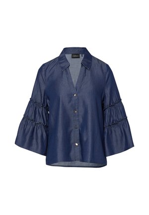 Marineblaue Denim-Bluse mit gestuften Glockenärmeln, V-Ausschnitt-Kragen und goldfarbenen Knöpfen vorne.