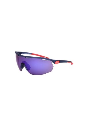 Occhiali da sole sportivi avvolgenti con lenti viola, montatura blu navy e dettagli rossi, progettati per uso attivo.