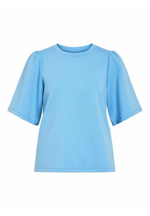 T-shirt bleu clair à manches courtes avec un col rond et des manches bouffantes. Confectionné en tissu doux, présentant une texture lisse et une coupe décontractée.