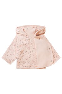 Helles rosa Jacket mit kleinen roten Blumenmuster, gestaltet mit einer Kapuze und Druckknopfverschlüssen. Aus weichem Stoff mit glatter Textur gefertigt.