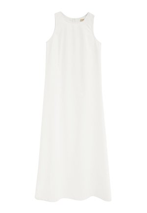 Abito lungo bianco senza maniche con scollo rotondo e vestibilità dritta e ampia, mostrato su uno sfondo bianco uniforme.