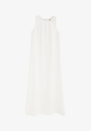 Vestido maxi blanco sin mangas con escote redondo y corte recto y suelto, exhibido sobre un fondo blanco liso.
