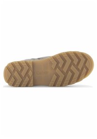 Brun gummisål med et zigzag-mønster, præget logo "Gabor" og tekstureret overflade for greb. Designet til holdbarhed og trækkraft.