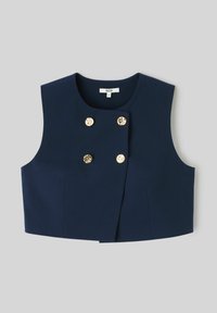 Veste courte marine en tissu lisse, avec un col rond et deux boutons décoratifs dorés à l'avant pour la fermeture.