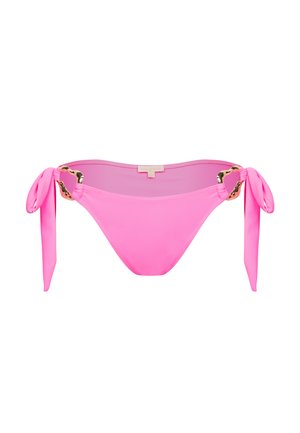 Pink bikini bottom with a smooth texture, featuring side ties and gold-toned hardware accents. Simple, classic design.