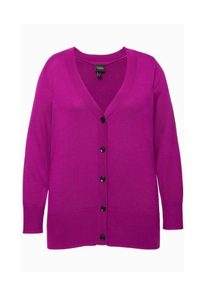 Fialový cardigan s V-výstřihem vyrobený z pleteniny, s dlouhými rukávy, s knoflíkovou přední částí a žebrovaným lemem a manžetami.