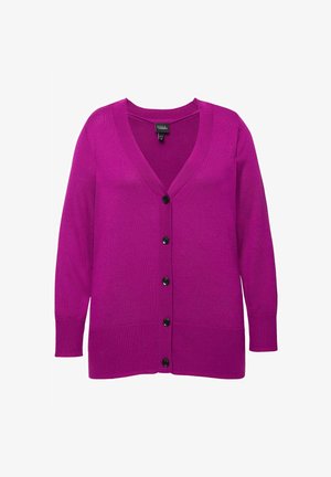 Lila V-Ausschnitt-Strickjacke aus gestricktem Material mit langen Ärmeln, mit einer geknöpften Vorderseite und geripptem Saum sowie Bündchen.