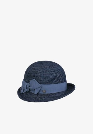 Dark blue woven cloche hat with a matching fabric band and decorative bow on the side against a white background.