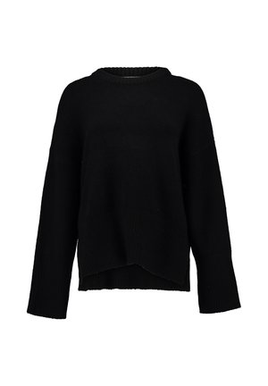 Schwarzer gestrickter Pullover mit Rundhalsausschnitt, überschnittenen Schultern und einem cropped Saum. Die Bündchen und der Saum sind mit einem gerippten Muster versehen.