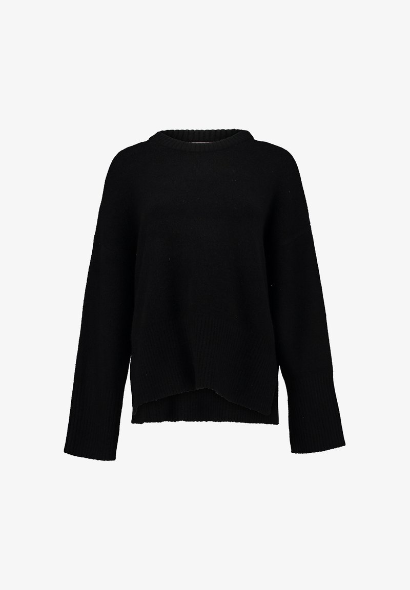 Black knitted sweater featuring a round neck, drop shoulders, and a cropped hemline with ribbed texture on the cuffs and hem.