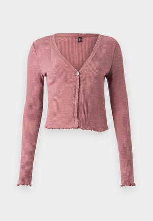 Ribbed, long-sleeve cardigan in dusty rose with a v-neckline, a front button closure, and scalloped edges on sleeves and hem.