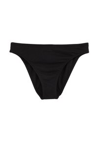 Fekete bikini alsó texturált anyagból; alacsony derekú kialakítás széles derékrésszel és mérsékelt takarással. Nincs látható minta vagy díszítés.