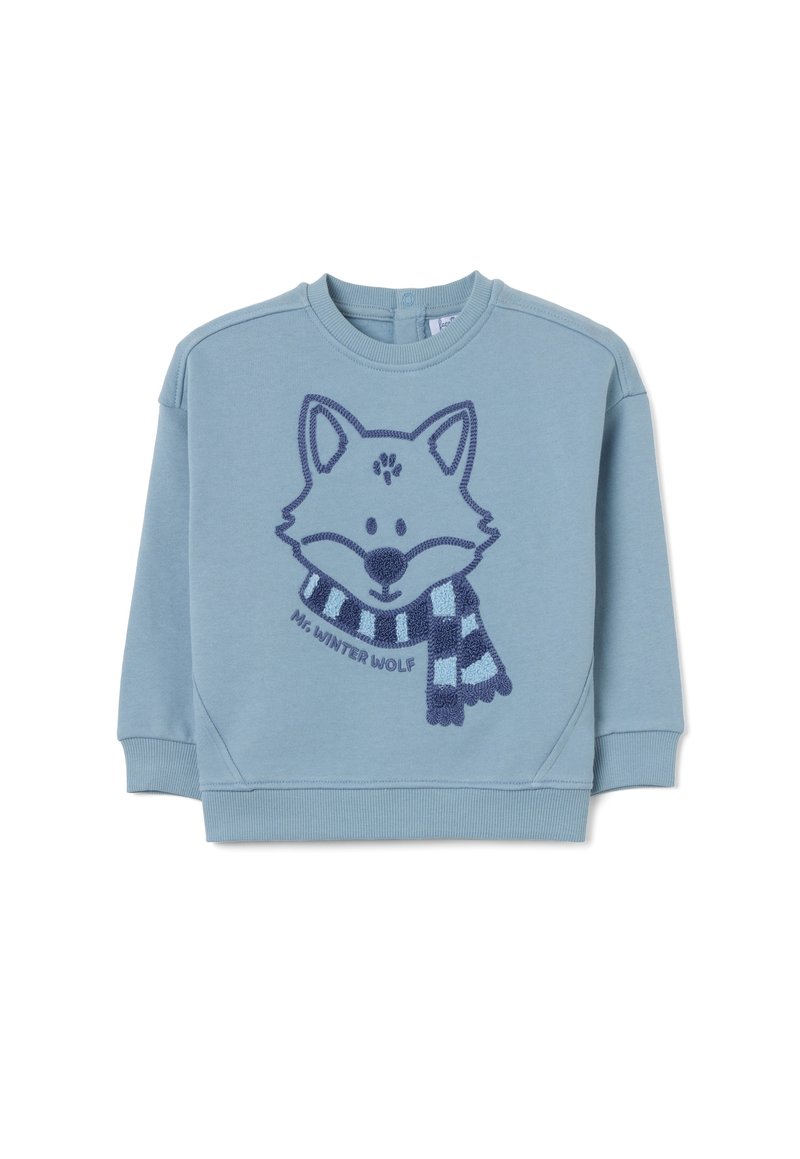 Felpa azzurra chiara con grafica di una volpe che indossa una sciarpa a strisce blu e azzurre, realizzata in morbido tessuto misto cotone.