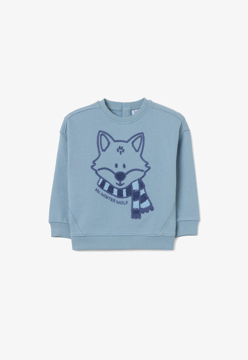 Felpa azzurra chiara con grafica di una volpe che indossa una sciarpa a strisce blu e azzurre, realizzata in morbido tessuto misto cotone.