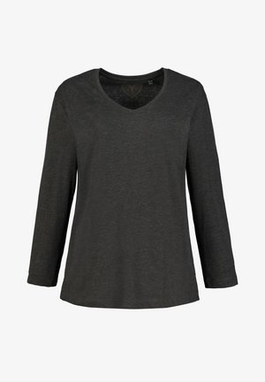 Koszula z długim rękawem, dekoltem w serek, wykonana z miękkiego, ciemnoszarego materiału. Posiada luźny krój i minimalne detale, bez widocznych grafik czy wzorów.