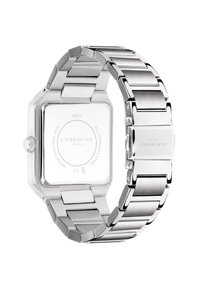 Edelstahlarmbanduhr mit quadratischem Gehäuse und Gliederarmband. Verfügt über eine polierte Oberfläche mit gebürsteten Details am Band und einem minimalistischen Zifferblatt.