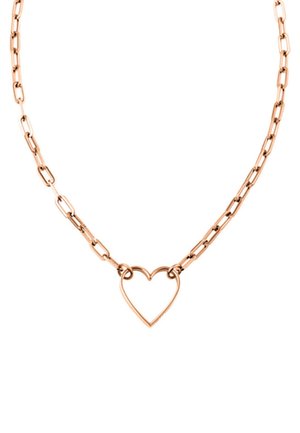 Halskette aus Roségold mit länglichen Gliedern und einem herzförmigen Anhänger als Mittelpunkt. Glatte Oberfläche und zeitgemäßes Design.