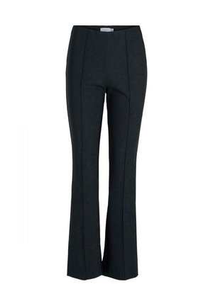 Pantalones acampanados negros con una textura suave, que presentan costuras verticales y una cintura ajustada. Fabricados con tela suave, diseñados para una silueta estilizada.