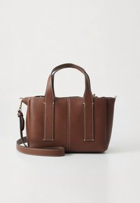 Brown textured leather tote bag with dual short handles and a removable shoulder strap. Features contrasting white stitching and a zip closure.